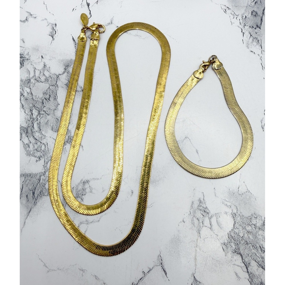 Premier Designs Herringbone Necklace Bracelet Set Gold Flat Chain